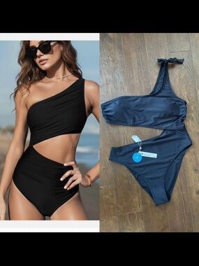 NWT XL Cupshe One Piece Side Ruching Cut Out Bathing Swimsuit. Black.